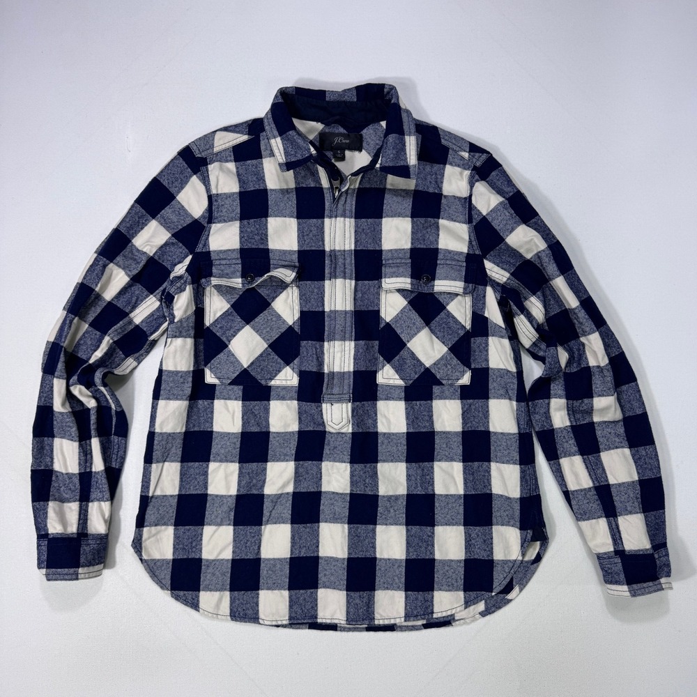 J.Crew Blue White Check Wool Blend Flannel Pullover Shirt Womens Small Zip Up